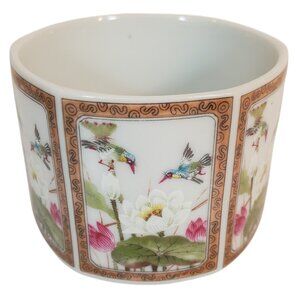 Japanese Porcelain Hexagonal Teacup w/ Painted Kingfisher Birds & Lotus Flowers